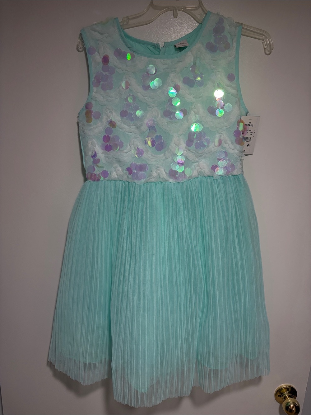 NWT- Disney new Girls' Light Aqua Sequin Bodice Party Dress Aqua color.